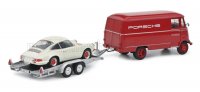 MERCEDES BENZ - L319 VAN PORSCHE 1963 + TRAILER CAR TRANSPORTER PORSCHE 911 - ROUGE BLANC