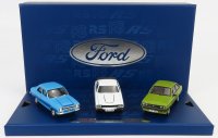 FORD -  BOX SET 3X 1970s FORD RS COLLECTION - ESCORT MKI RS 2000 1974 - CAPRI MKI RS 3100 1971 - ESCORT MKII RS 2000 1976 - OLYMPIC BLUE - DIAMOND WHITE - JAVA GREEN